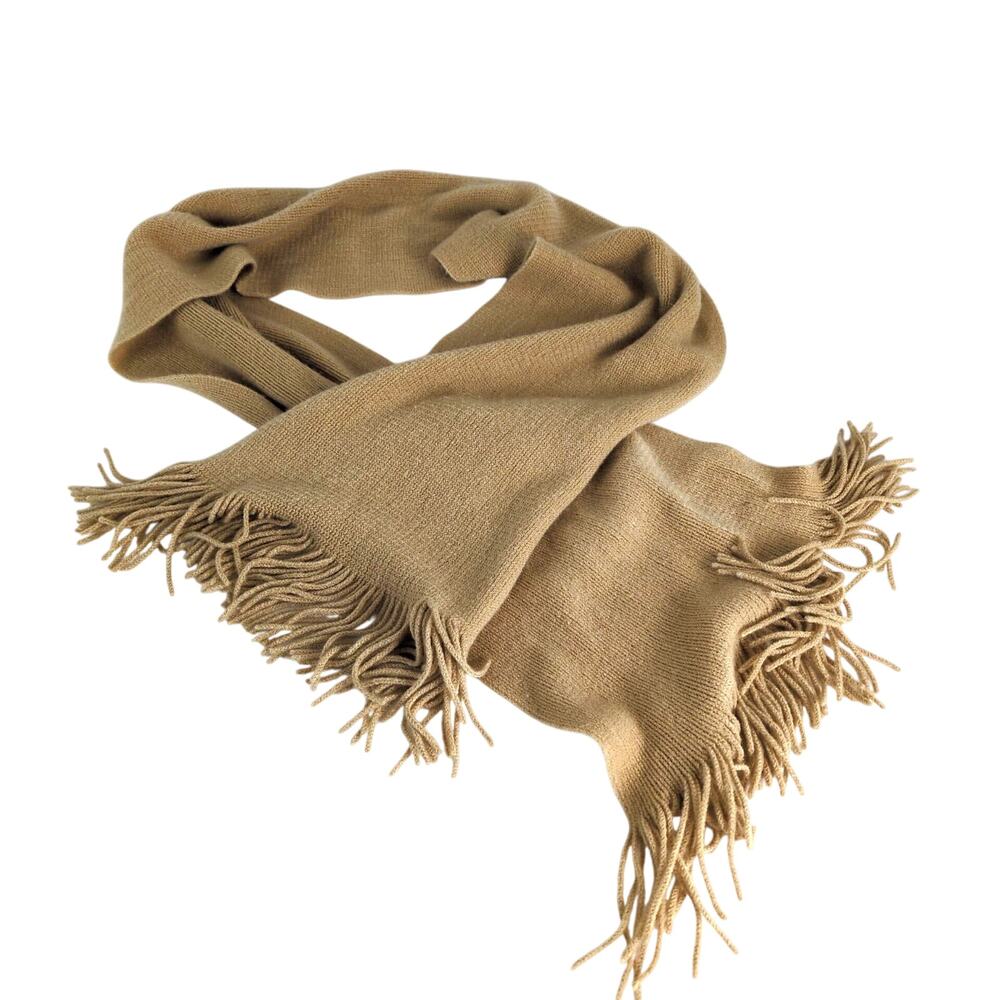 Echo Soft Made in Japan Beige Tan Neck Scarf w Fringe 10"W 60"L Classic Academia
